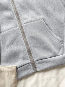 SHEIN Sparklyn Teen Girl Long Sleeve Fleece Fall Clothes Sweet Cute Cherry Pattern Pink Zip-Up Jacket With Thermal Lining, Warm Sweatshirt For Autumn/Winter - Grey - View 9