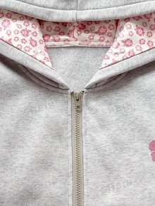 SHEIN Sparklyn Teen Girl Long Sleeve Fleece Fall Clothes Sweet Cute Cherry Pattern Pink Zip-Up Jacket With Thermal Lining, Warm Sweatshirt For Autumn/Winter - Grey - View 5