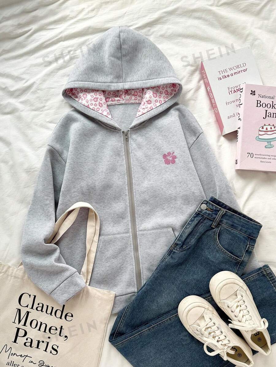 SHEIN Sparklyn Teen Girl Long Sleeve Fleece Fall Clothes Sweet Cute Cherry Pattern Pink Zip-Up Jacket With Thermal Lining, Warm Sweatshirt For Autumn/Winter