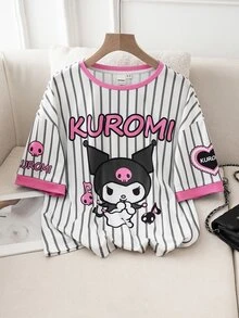 HELLO KITTY AND FRIENDS | SHEIN Kaos Rajut Kasual Longgar Lengan Pendek Berkerah V Motif Garis-Garis Kartun Lucu untuk Anak Perempuan Remaja - Berwarna merah muda - View 3