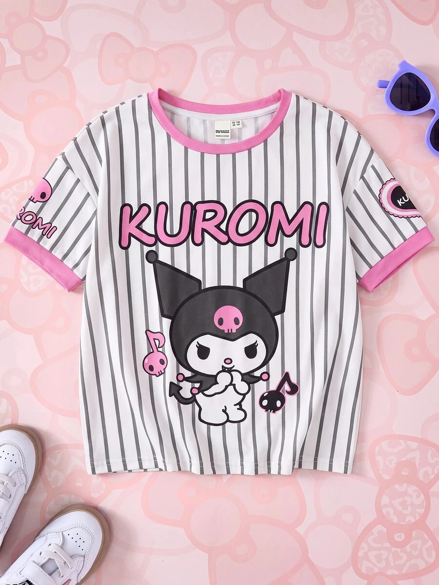 HELLO KITTY AND FRIENDS | SHEIN Kaos Rajut Kasual Longgar Lengan Pendek Berkerah V Motif Garis-Garis Kartun Lucu untuk Anak Perempuan Remaja - Berwarna merah muda - View 1