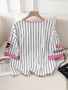 HELLO KITTY AND FRIENDS | SHEIN Kaos Rajut Kasual Longgar Lengan Pendek Berkerah V Motif Garis-Garis Kartun Lucu untuk Anak Perempuan Remaja - Berwarna merah muda - View 2