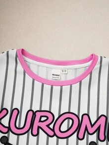 HELLO KITTY AND FRIENDS | SHEIN Kaos Rajut Kasual Longgar Lengan Pendek Berkerah V Motif Garis-Garis Kartun Lucu untuk Anak Perempuan Remaja - Berwarna merah muda - View 4