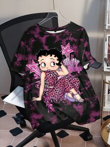 Betty Boop x SHEIN Plus Size Women's Letter & Star Print Round Neck Short Sleeve Casual Tie-Dye T-Shirt - White - View 3