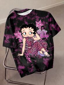 Betty Boop x SHEIN Plus Size Women's Letter & Star Print Round Neck Short Sleeve Casual Tie-Dye T-Shirt - White - View 1