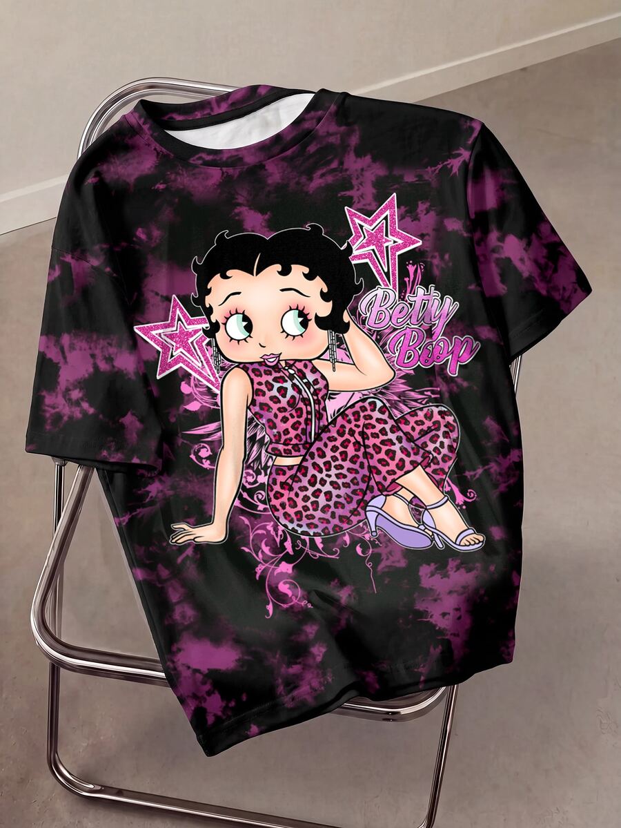 Betty Boop x SHEIN Plus Size Women's Letter & Star Print Round Neck Short Sleeve Casual Tie-Dye T-Shirt - White - View 1