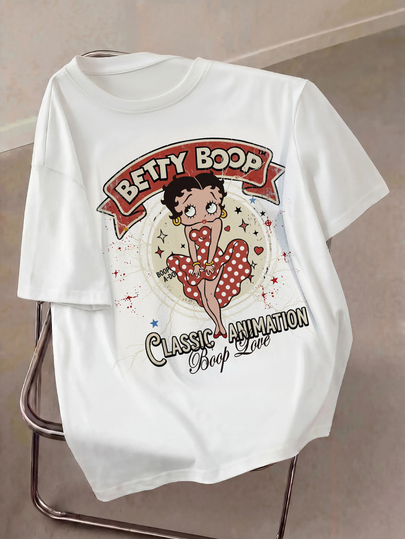 Betty Boop x SHEIN เสื้อยืดพิมพ์ลายการ์ตูนลำลองฤดูร้อนไซส์ใหญ่