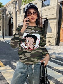 Betty Boop x SHEIN 女款迷彩印花休閒抽繩連帽衛衣 - 白色 - 查看 4