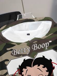 Betty Boop x SHEIN 女款迷彩印花休閒抽繩連帽衛衣 - 白色 - 查看 5