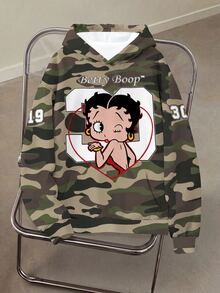 Betty Boop x SHEIN 女款迷彩印花休閒抽繩連帽衛衣 - 白色 - 查看 1