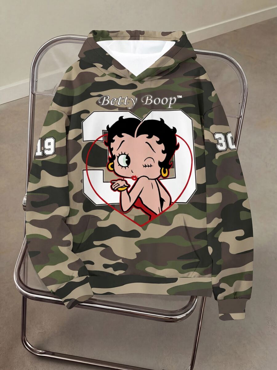 Betty Boop x SHEIN 女款迷彩印花休閒抽繩連帽衛衣 - 白色 - 查看 1