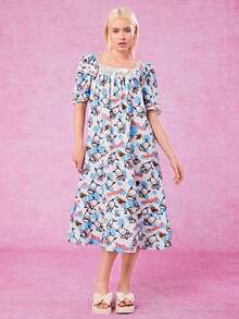 HELLO KITTY AND FRIENDS | SHEIN 舒適可愛全印花拼接花邊修飾女式夏季睡衣 - 白色 - 查看 6