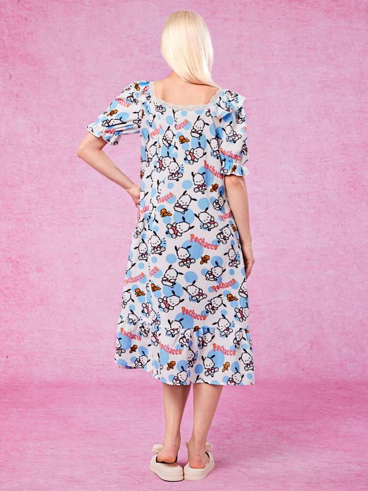 HELLO KITTY AND FRIENDS | SHEIN 舒適可愛全印花拼接花邊修飾女式夏季睡衣 - 白色 - 查看 2