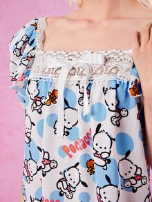 HELLO KITTY AND FRIENDS | SHEIN 舒適可愛全印花拼接花邊修飾女式夏季睡衣 - 白色 - 查看 5