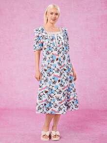 HELLO KITTY AND FRIENDS | SHEIN 舒適可愛全印花拼接花邊修飾女式夏季睡衣 - 白色 - 查看 3