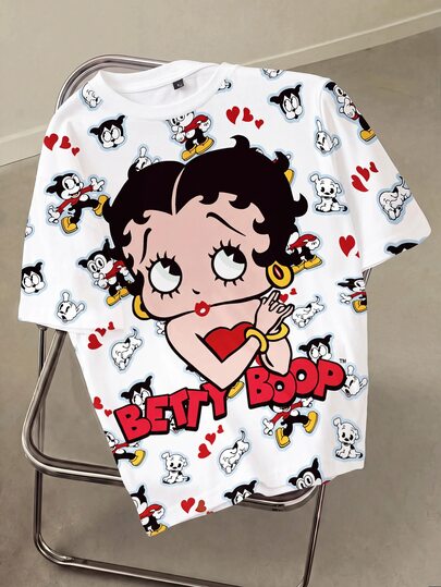 Betty Boop x SHEIN Women's Cartoon Print Short Sleeve Round Neck T-Shirt