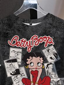 Betty Boop x SHEIN Women's Casual Letter & Cartoon Graphic Round Neck Short Sleeve Washed T-Shirt, Summer - White - View 4