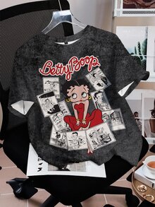 Betty Boop x SHEIN Women's Casual Letter & Cartoon Graphic Round Neck Short Sleeve Washed T-Shirt, Summer - White - View 3