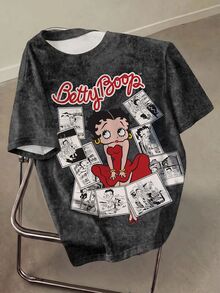 Betty Boop x SHEIN Women's Casual Letter & Cartoon Graphic Round Neck Short Sleeve Washed T-Shirt, Summer - White - View 1