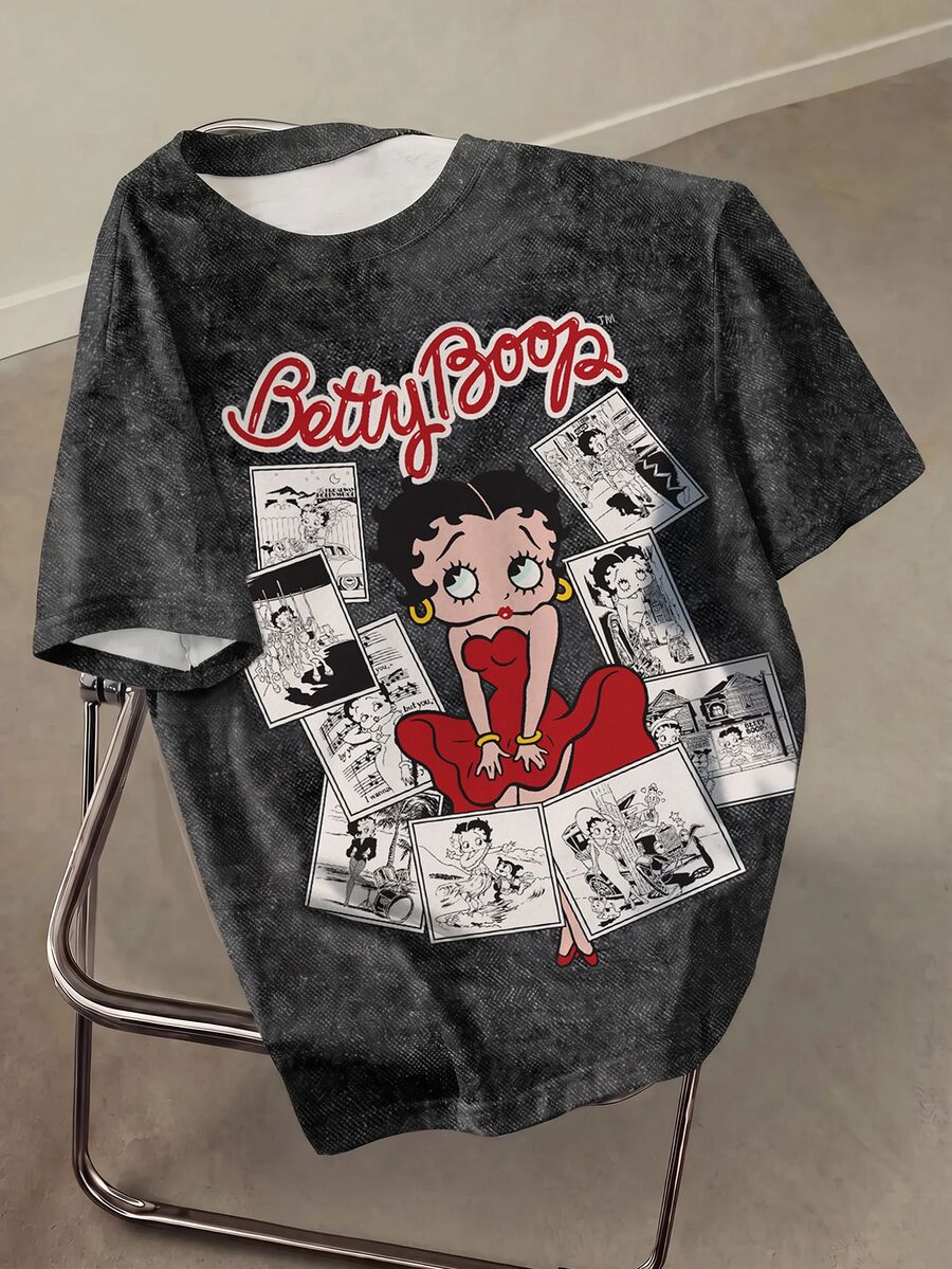 Betty Boop x SHEIN Women's Casual Letter & Cartoon Graphic Round Neck Short Sleeve Washed T-Shirt, Summer - White - View 1