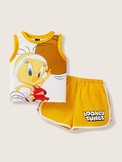 LOONEY TUNES X SHEIN 寶寶男孩夏季涼爽休閒運動印花坦克上衣和短褲套裝