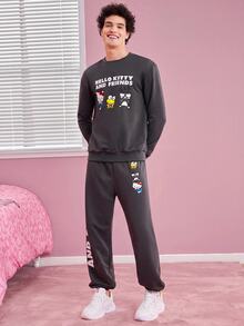 HELLO KITTY AND FRIENDS | SHEIN 男士字母印花連帽衫和運動長褲套裝 - 灰色 - 查看 1
