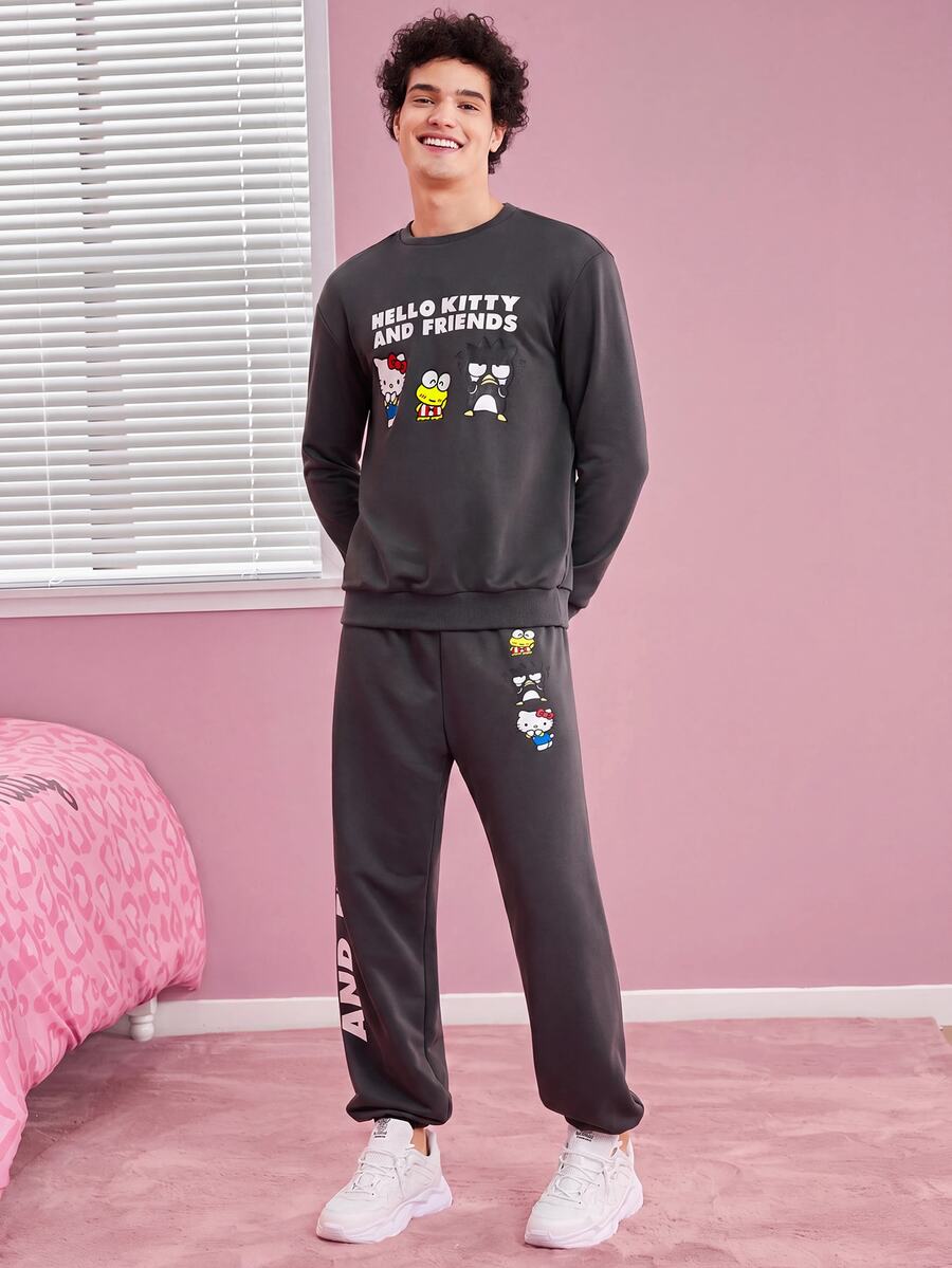HELLO KITTY AND FRIENDS | SHEIN 男士字母印花連帽衫和運動長褲套裝 - 灰色 - 查看 1