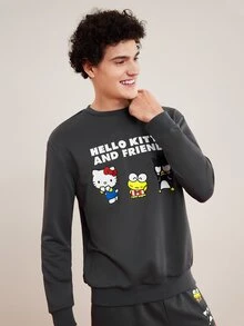HELLO KITTY AND FRIENDS | SHEIN 男士字母印花連帽衫和運動長褲套裝 - 灰色 - 查看 5