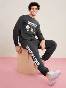 HELLO KITTY AND FRIENDS | SHEIN 男士字母印花連帽衫和運動長褲套裝 - 灰色 - 查看 3