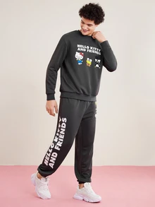 HELLO KITTY AND FRIENDS | SHEIN 男士字母印花連帽衫和運動長褲套裝 - 灰色 - 查看 6