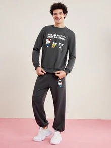 HELLO KITTY AND FRIENDS | SHEIN 男士字母印花連帽衫和運動長褲套裝 - 灰色 - 查看 4