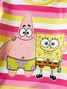 SpongeBob SquarePants | SHEIN 2件套女婴卡通图案条纹圆领长袖上衣和打底裤针织舒适弹力睡衣套装 - 粉色 - 查看 5