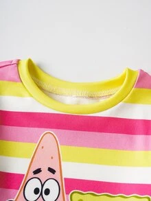 SpongeBob SquarePants | SHEIN 2件套女婴卡通图案条纹圆领长袖上衣和打底裤针织舒适弹力睡衣套装 - 粉色 - 查看 4