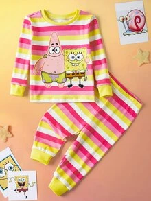 SpongeBob SquarePants | SHEIN 2件套女婴卡通图案条纹圆领长袖上衣和打底裤针织舒适弹力睡衣套装 - 粉色 - 查看 3