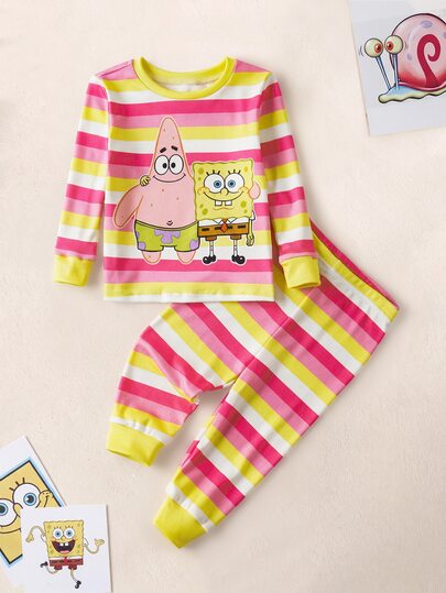 SpongeBob SquarePants | SHEIN 2pcs Set Piyama Bayi Perempuan Motif Kartun Garis-garis Leher Bulat Lengan Panjang Atasan dan Legging Rajut Nyaman dan Elastis