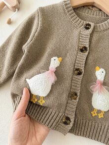 SHEIN Baby Girl Cartoon Pattern Single-Breasted Casual Daily Outing Autumn Winter Cardigan - Khaki - View 1