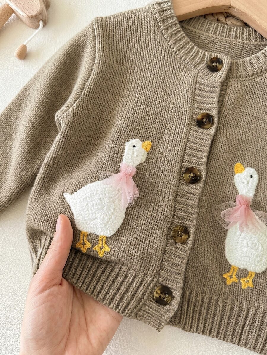 SHEIN Baby Girl Cartoon Pattern Single-Breasted Casual Daily Outing Autumn Winter Cardigan - Khaki - View 1