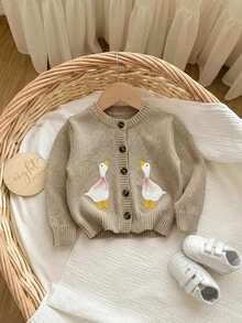 SHEIN Baby Girl Cartoon Pattern Single-Breasted Casual Daily Outing Autumn Winter Cardigan - Khaki - View 2