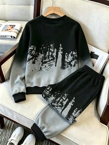 男童黑色灰色漸層抽象印花字母寬鬆長袖衛衣與長褲套裝 秋季校園街頭風穿搭 - 彩色 - 查看 2