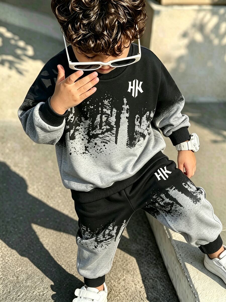 Setelan Sweatshirt Lengan Panjang Longgar dan Celana Panjang Motif Abstrak Gradien Hitam Abu-abu untuk Anak Laki-laki, Pakaian Sekolah Musim Gugur, Gaya Streetwear - MultiWarna - View 1