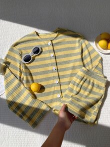 Comfortcana 女款休閒條紋拼色單排扣長袖上衣與短褲套裝 - 黃色 - 查看 9