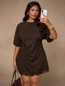 SHEIN BAE CURVE Plus Size Women's Round Neck Short Sleeve Pleated Contrast Lace Elegant Dress - Brown - View 4