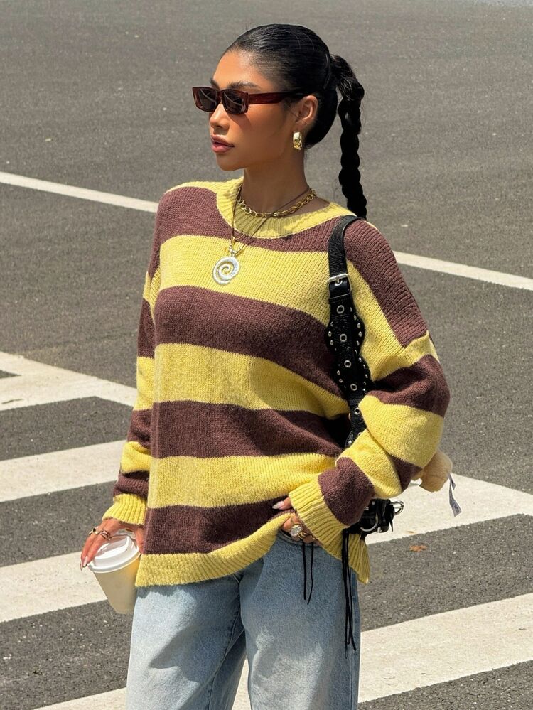 Muchica Autumn Women Clothes Korean Style Casual Streetwear Loose Fit Drop Shoulder Pullover Brown Striped Sweater Back-To-School Everyday Going Out - Multicolor - View 9