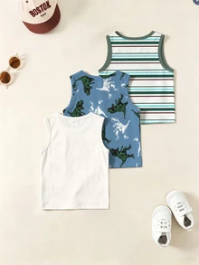 Baby Boy Casual Minimalist Cartoon Dinosaur Pattern Tank Tops, 3-Piece Set, Suitable For Summer - Multicolor - View 5