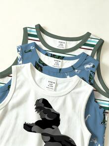 Baby Boy Casual Minimalist Cartoon Dinosaur Pattern Tank Tops, 3-Piece Set, Suitable For Summer - Multicolor - View 6