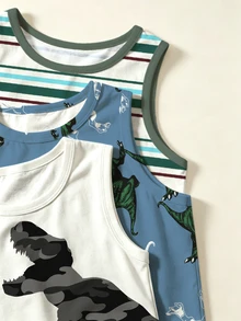 Baby Boy Casual Minimalist Cartoon Dinosaur Pattern Tank Tops, 3-Piece Set, Suitable For Summer - Multicolor - View 4