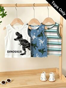 Baby Boy Casual Minimalist Cartoon Dinosaur Pattern Tank Tops, 3-Piece Set, Suitable For Summer - Multicolor - View 2