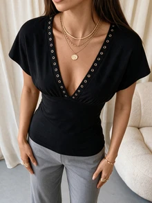Coastalzia Women's Deep V-Neck Pleated Casual Sexy Versatile Daily Wear Top Club Date Night Black Summer - Black - View 7