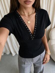 Coastalzia Women's Deep V-Neck Pleated Casual Sexy Versatile Daily Wear Top Club Date Night Black Summer - Black - View 6