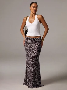 Avenya Minimalist Sexy Brown Print Skirt Vacation Night Fall/Winter Autumn Elegant - Multicolor - View 1